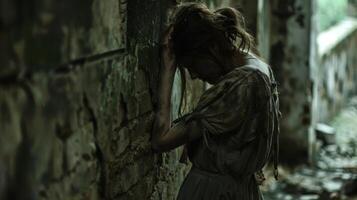 un mujer con desgastado y andrajoso ropa se inclina en contra un pared cara oscurecido como toma un momento a descanso un el restos. . foto