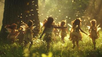 A group of fairy children backs turned to the camera play in the glade. They chase each other around a tree laughter echoing . photo