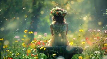 A person wearing a crown of flowers sits on a small stone bench in the meadow back to the camera. The meadow is filled with . photo