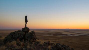 A person in silhouette stands on a rocky outcrop back to the camera as they soak in the vastness of the endless plains. . photo