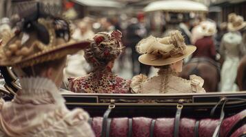 A group of friends sit in a horsedrawn carriage backs to the camera as they travel through the streets of a bustling Victorian . photo