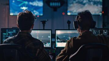 With backs to the camera a pair of engineers sit in front of a computer screen intently studying flight data and making adjustments . photo