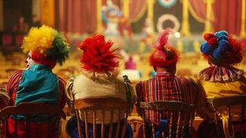 A group of clowns sits in a row of wooden chairs all facing away from the camera with heads turned towards a large circus ring . photo