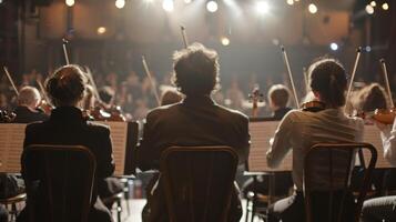 A row of musicians sit on stools instruments in hand facing away from the camera as they listen intently to conductors . photo