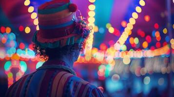 A clown with oversized shoes head turned towards the circus tent where the multicolored lights shine. . photo