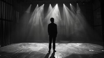A figure shrouded in shadow stands alone on the stage back to the camera as they contemplate role in the performance about to . photo