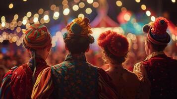 A group of performers dressed in traditional circus attire huddle together facing away from the camera as they chat and laugh before . photo