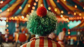 A clown with a bright red nose and curly green hair stands with back to the camera gazing up at the elaborate circus tent above . photo