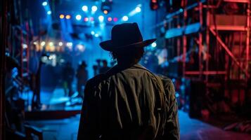 A ringmaster stands tall and confident back to the camera as surveys the chaos of the backstage area before the show begins. . photo