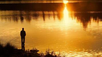 A lone figure stands at the edge of a tranquil pond back to the camera. The golden hues of the setting sun illuminate . photo