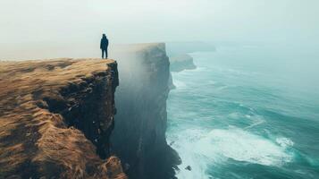A young researcher stands on the edge of a windswept cliff overlooking a vast open ocean with back turned to the camera contemplating . photo