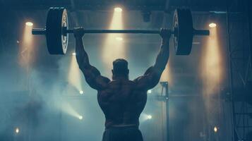A burly strongman lifts a massive barbell above head back facing the camera as displays impressive strength. The dimly . photo