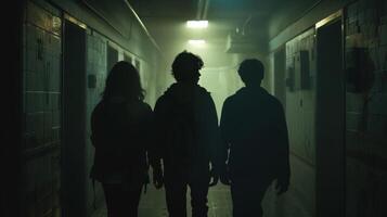 A team of three individuals backs to the camera are walking towards a door marked Authorized Personnel Only. The dimly lit hallway . photo