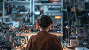 A person with back turned to the camera appears to be tinkering with a complex machine surrounded by tools and technology. . photo