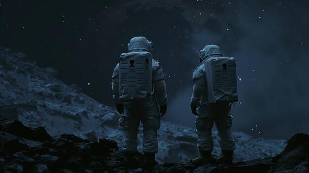 The dark vast expanses of space are the backdrop for the determined figures of the astronauts who stand with backs to the camera . photo