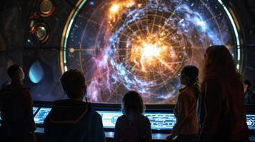 A group of space travelers eagerly focus attention on a large illuminated map of uncharted galaxies preparing to embark on an . photo