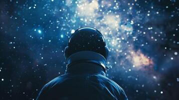 A space travelers back is towards us face obscured by helmet as they peer into the vastness of space marveling at the . photo