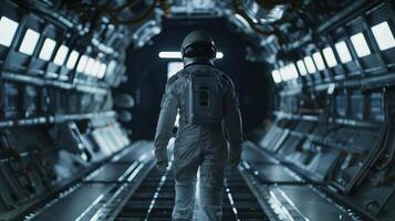 In the dimly lit interior of a spaceship a mysterious figure shrouded in a white suit and helmet faces away from the camera as they . photo