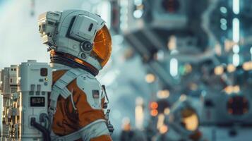 In the background of the scene a lone astronaut inspects a complex piece of machinery lost in thought as they study its intricate . photo