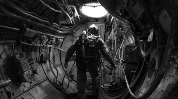 A person wearing an oxygen mask facing away from the camera carefully navigates through the spaceship filled with cables and wires. . photo