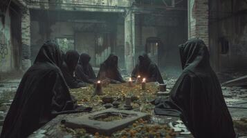 In a desolate abandoned warehouse a group of hooded figures gather around a table covered in strange artifacts and relics backs . photo