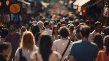 multitudes de personas espaldas frente a el cámara moverse en diferente direcciones como ellos navegar mediante el lleno calle mercado cada . foto