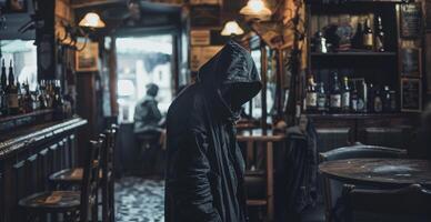 A hooded figure slinks through the dimly lit tavern movements quiet and purposeful as they make way to a secluded corner . photo