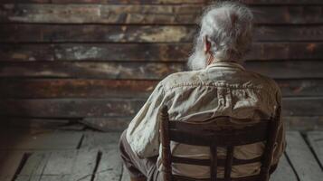 A weathered old man sits on a worn wooden chair back to the camera as nods along to the bards song. face reflects a lifetime . photo