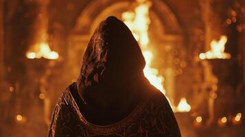 A hooded figure stands in front of a glowing fireplace back to the camera. The flickering light illuminates the intricate designs . photo