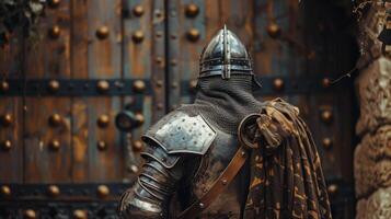 An imposing figure clad in battlescarred armor stands guard at the door vigilance never wavering even in this moment of respite. . photo