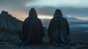 Two hooded figures sit with backs to each other whispering secrets and plans in low voices as they plot next quest to . photo