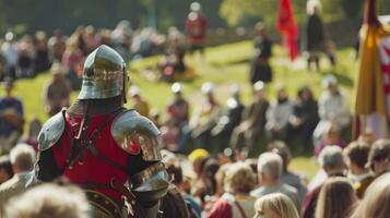 A crowd of spectators watch on eagerly eyes following the movements of the knights in front of them. Some stand on tiptoes . photo