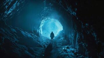 A mysterious figure walks through a dark and winding cave back facing the entrance as they delve deeper into the unknown. . photo