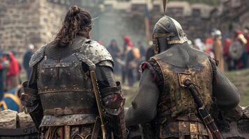 Two warriors clad in chainmail and wielding spears converse with backs against a stone wall at the tournament grounds. . photo