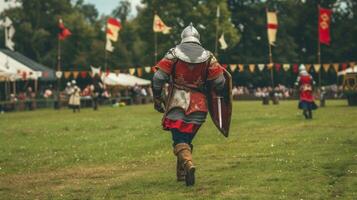 A squire hurries across the grass carrying a shield and a lance for master who is preparing for the next joust. . photo