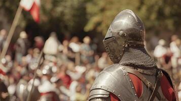 A knight in shining armor face hidden by a visored helmet stands with back to the camera as surveys the crowd gathered . photo