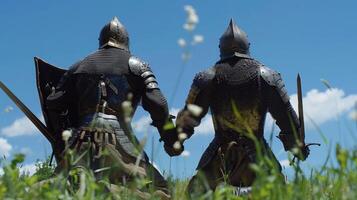 Two knights kneel side by side backs to the camera as they prepare to engage in a friendly sword fight. The green grass and . photo