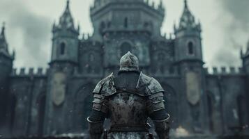 A lone knight back to the camera stands in front of a large and ornate castle. armor is worn and dirty evidence of fierce . photo