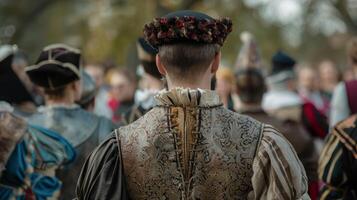 A group of servants gather in the background attention focused on the tournament while they carry out duties for the noble . photo