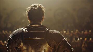 A lone knight stands with arms crossed staring out into the arena back to the camera. The tension and anticipation of . photo