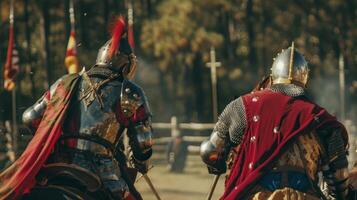 Two opponents lock eyes in a fierce jousting duel bright red capes fluttering behind them as they prepare to charge towards . photo