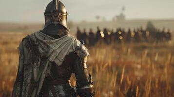 A lone knight stands with back to the camera gazing out at the vast field in front of them. Despite being surrounded by other . photo