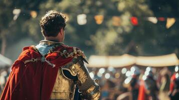 A figure in a red cape and gold armor stands confidently with back to the camera surveying the jousting competition ahead. . photo