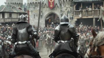Two armorclad riders swords raised in the air ride towards each other at full speed. The roar of the cheering crowd echoes through . photo