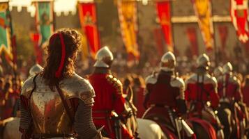 A group of knights backs to the camera line up with horses as they await turn in the jousting competition. The colorful . photo