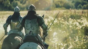 In a verdant green field two knights on horseback faces hidden behind helmets engage in a fierce duel. The sound of clashing . photo