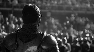 A lone knight gazes out at the bustling tournament grounds back turned to the commotion as takes a moment of quiet reflection . photo
