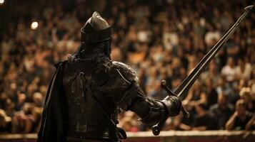 A figure dressed in dark menacing armor stands with back to the crowd sword raised as they await opponent. The intensity . photo