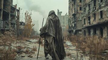 A figure cloaked in tattered fabric and walking stick in hand faces away from the camera as they navigate through the abandoned cityscape . photo