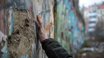 In the foreground a person stands with back to the camera hand pressed against a cracked and graffitied wall a stark contrast . photo